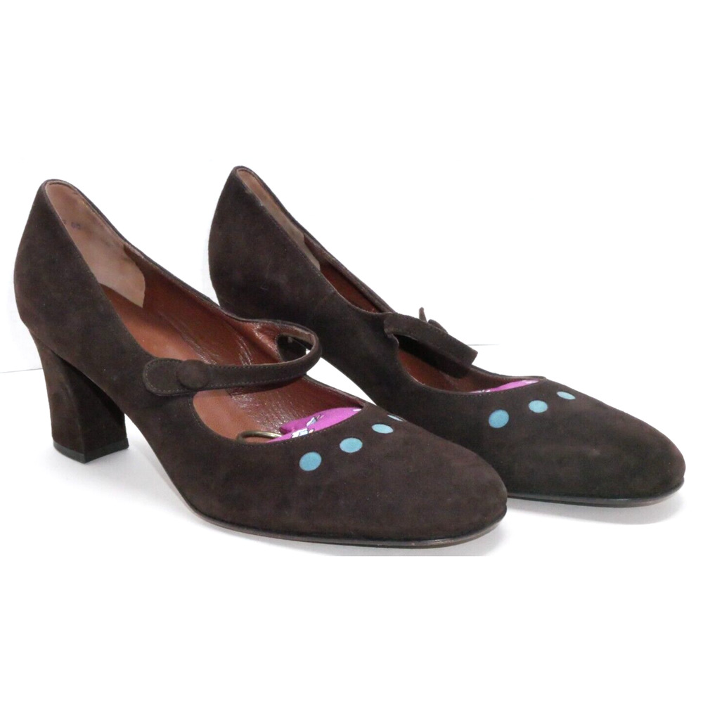 Peter Kaiser Brown Suede Blue Polka Dots High Heels Mary Jane Style Sz. 8.5